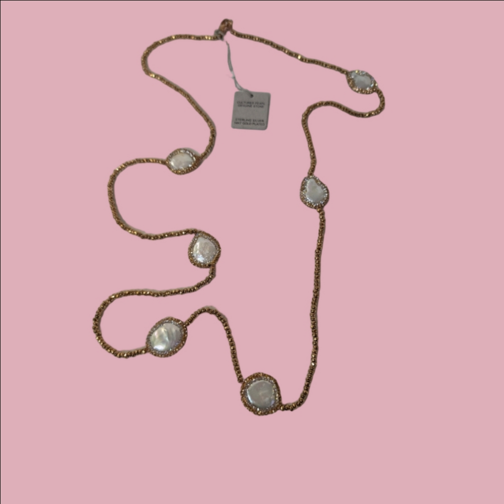 Freshwater Large Pearl Necklace Rose Gold Beads and Silver Necklace 18 Inches